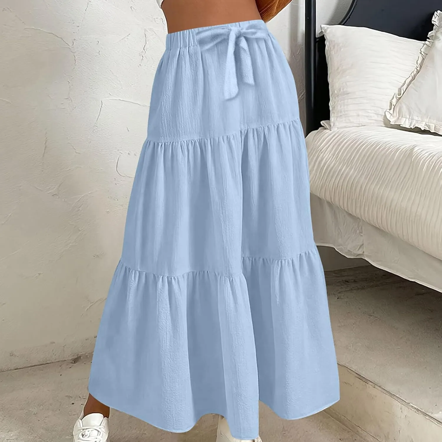 Womens Long Maxi Skirts Fashion Tiered Pleated A-Line Skirt Drawstring Waist Loose Solid Beach Travel Clothes 2025