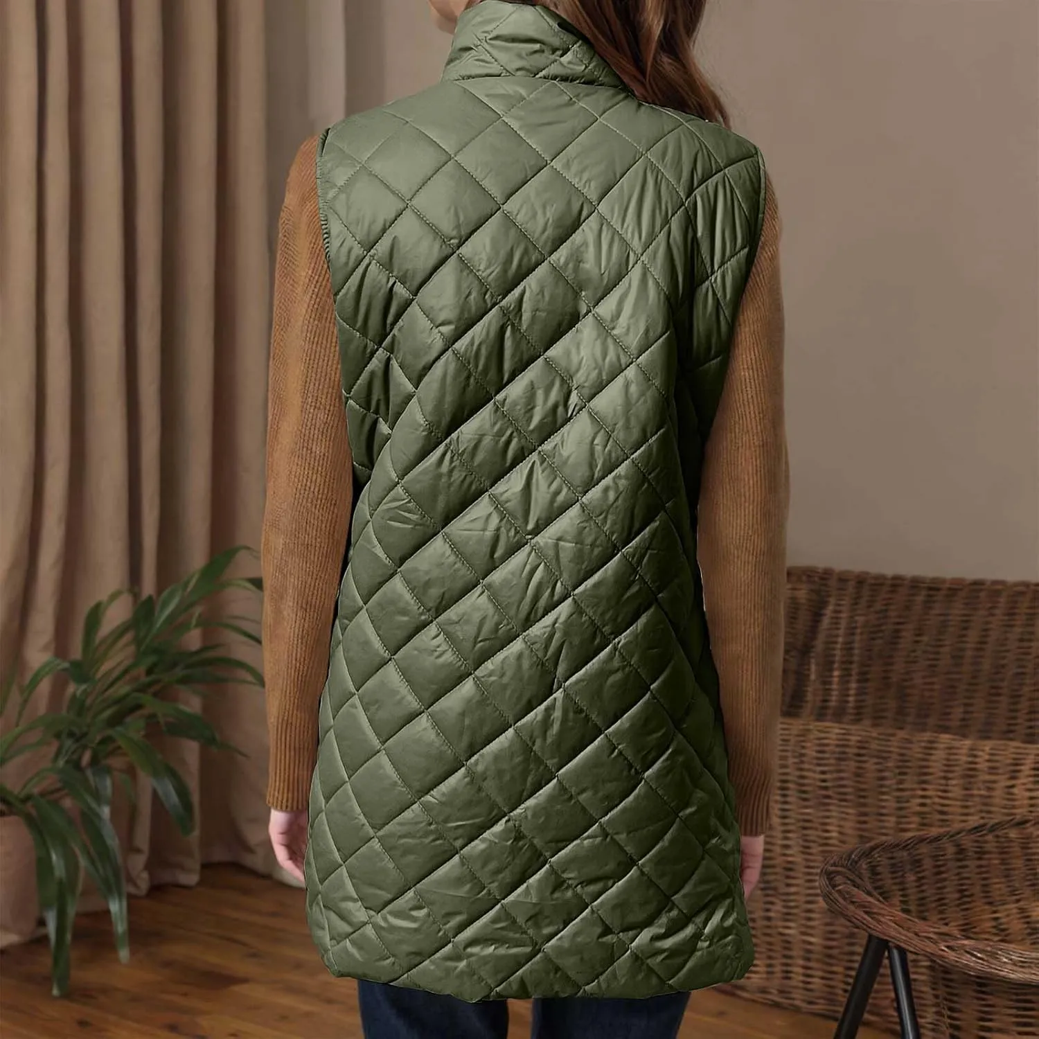 Womens Long Quilted Vest Sleeveless Pockets Full Zip Puff Vest Outerwear Cotton Padded Jacket Gilet Long Winter Coats