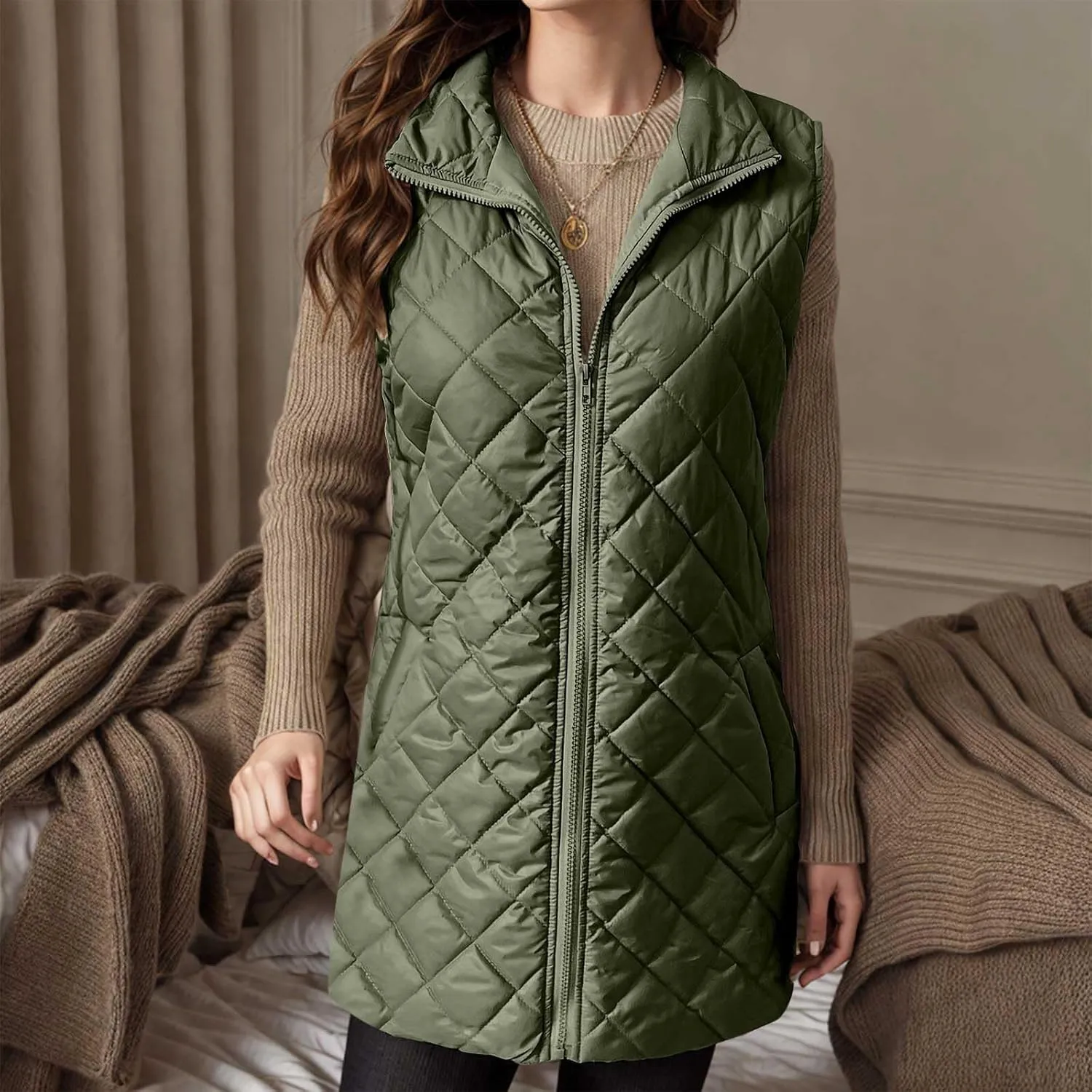 Womens Long Quilted Vest Sleeveless Pockets Full Zip Puff Vest Outerwear Cotton Padded Jacket Gilet Long Winter Coats