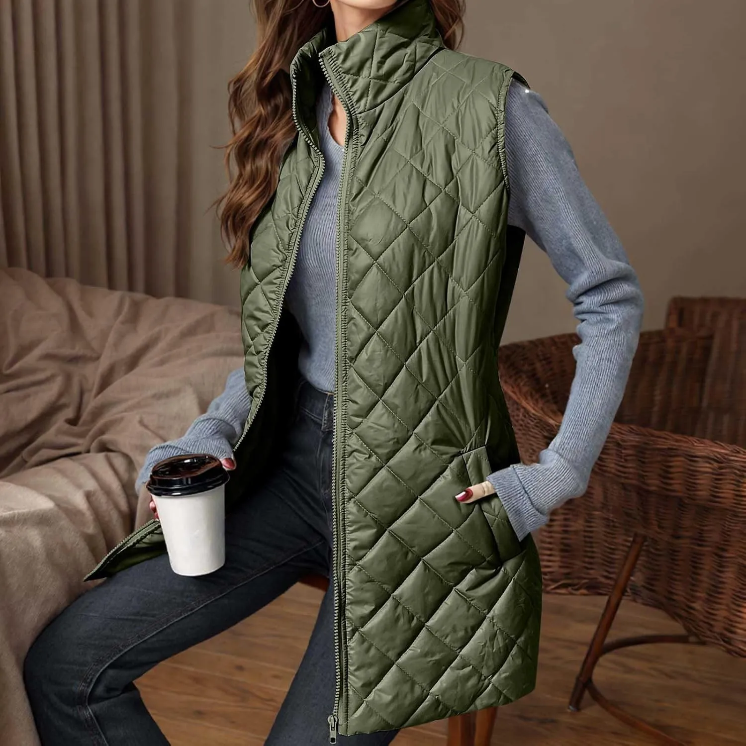Womens Long Quilted Vest Sleeveless Pockets Full Zip Puff Vest Outerwear Cotton Padded Jacket Gilet Long Winter Coats