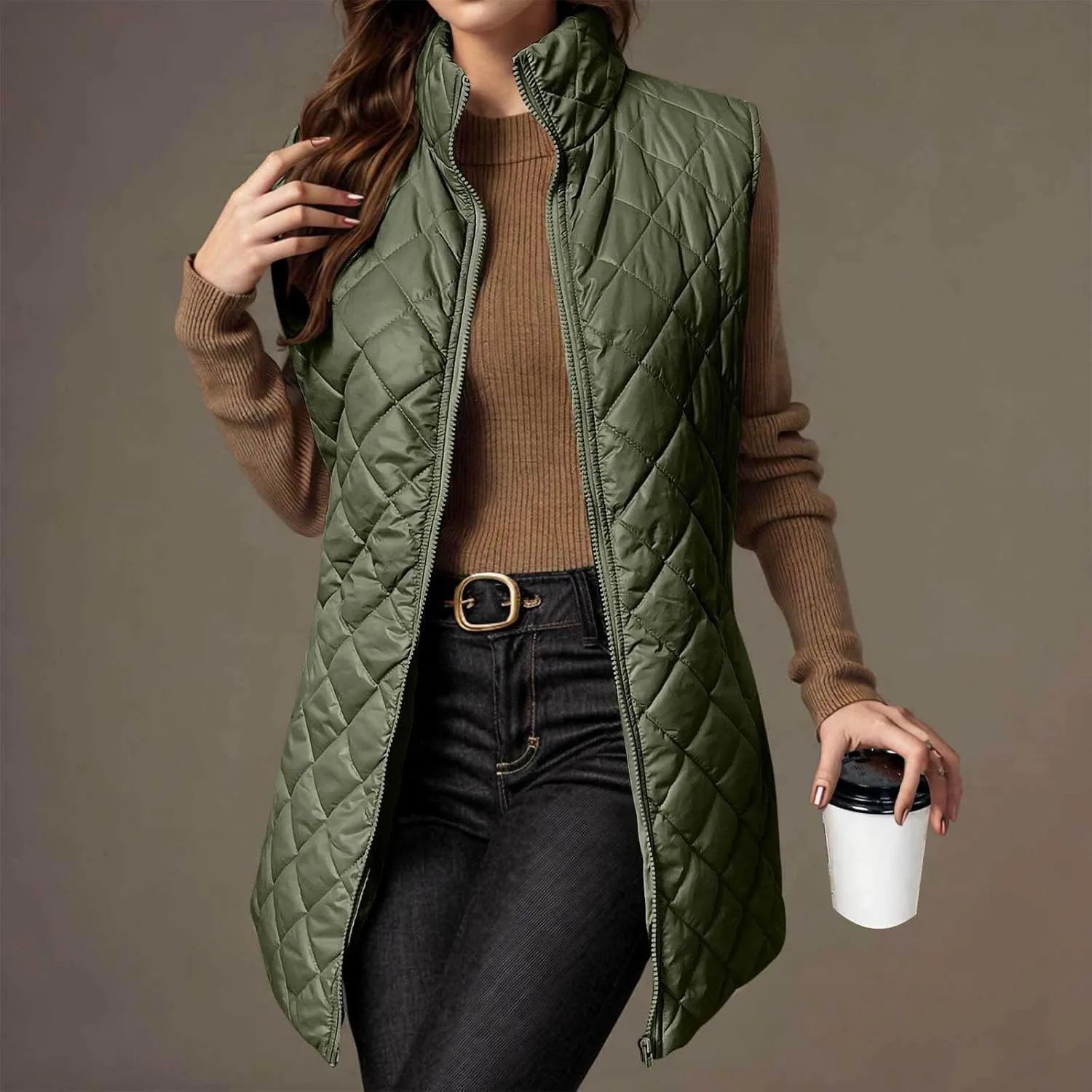 Womens Long Quilted Vest Sleeveless Pockets Full Zip Puff Vest Outerwear Cotton Padded Jacket Gilet Long Winter Coats