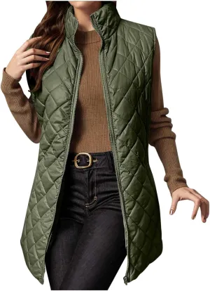 Womens Long Quilted Vest Sleeveless Pockets Full Zip Puff Vest Outerwear Cotton Padded Jacket Gilet Long Winter Coats