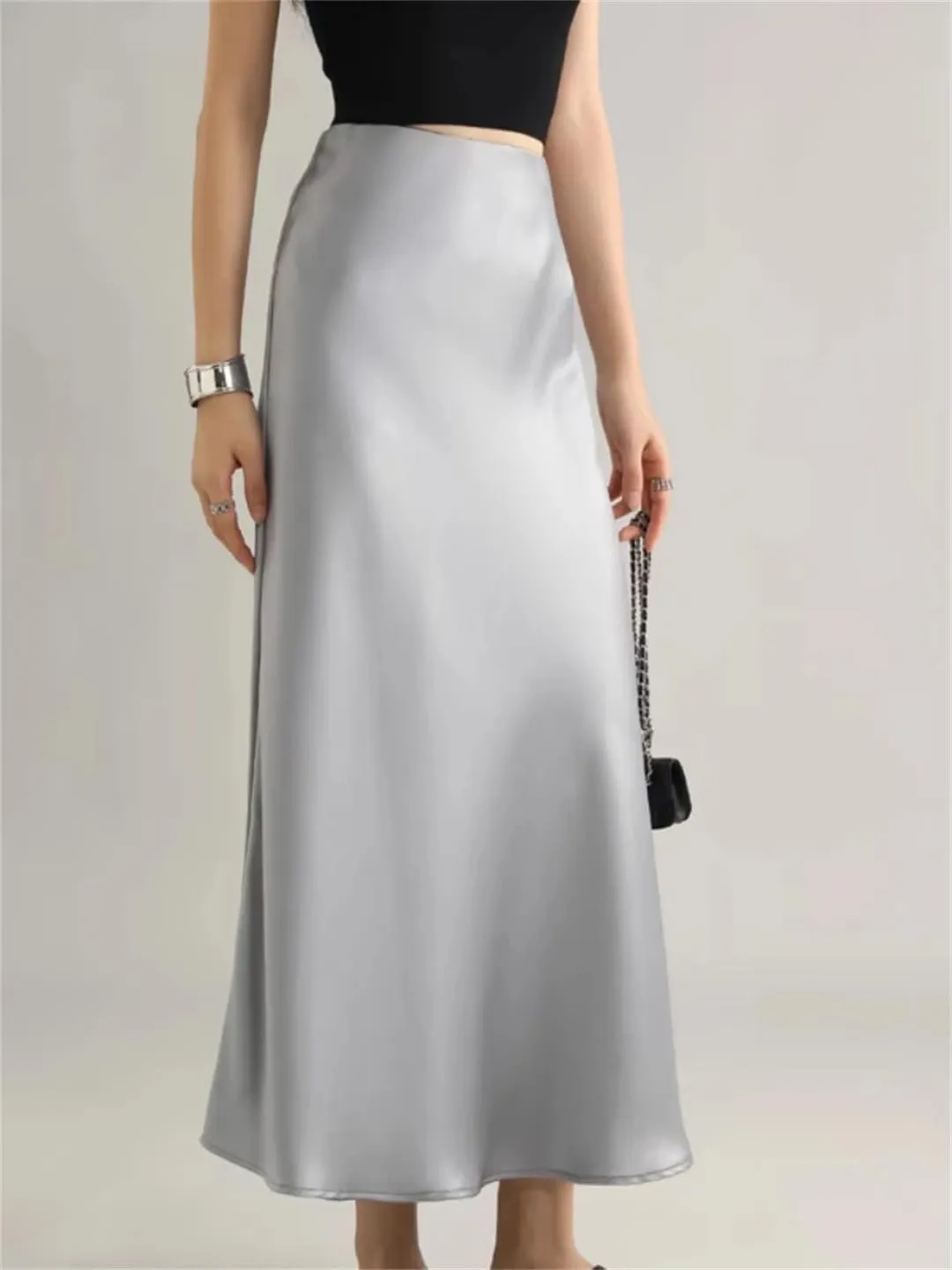 Women's Long Satin Skirt High Waist Autumn Office A-Line Solid Vintage Silk Midi Skirt