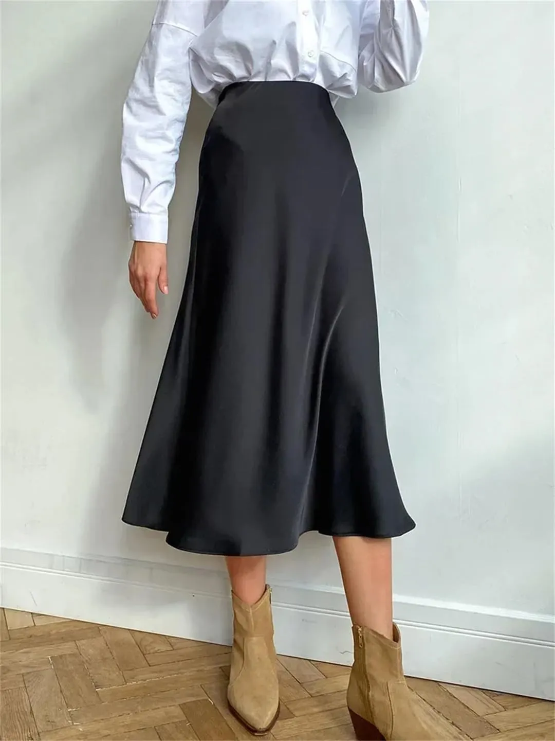 Women's Long Satin Skirt High Waist Autumn Office A-Line Solid Vintage Silk Midi Skirt