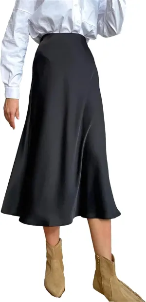 Women's Long Satin Skirt High Waist Autumn Office A-Line Solid Vintage Silk Midi Skirt