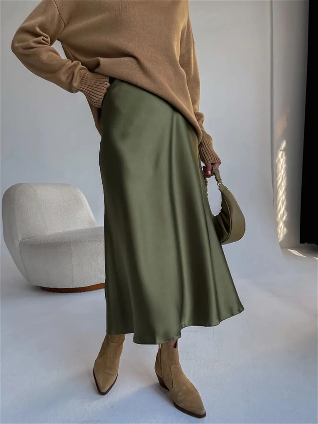 Women's Long Satin Skirt High Waist Autumn Office A-Line Solid Vintage Silk Midi Skirt