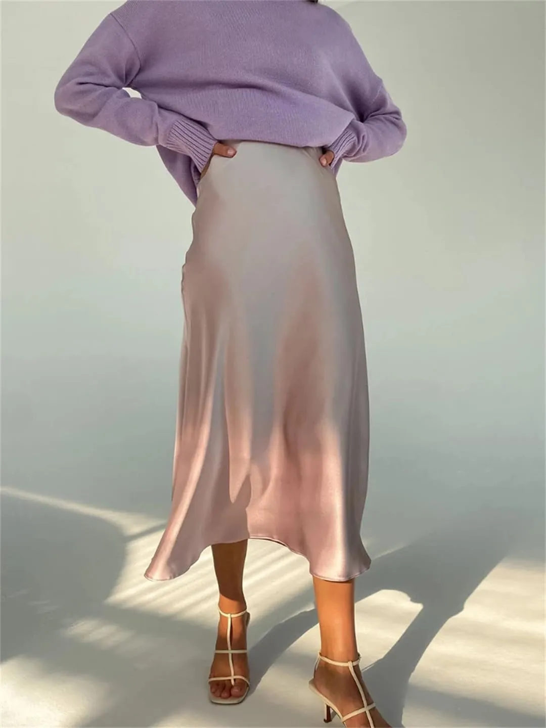 Women's Long Satin Skirt High Waist Autumn Office A-Line Solid Vintage Silk Midi Skirt