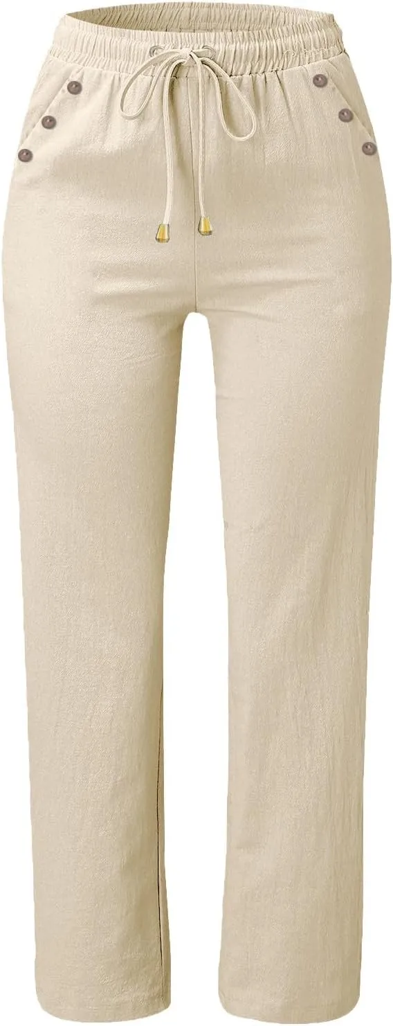 Womens Loose Straight Leg Linen Pants Lightweight Summer High Waist Trousers Drawstring Casual Work Sports Pant Plus