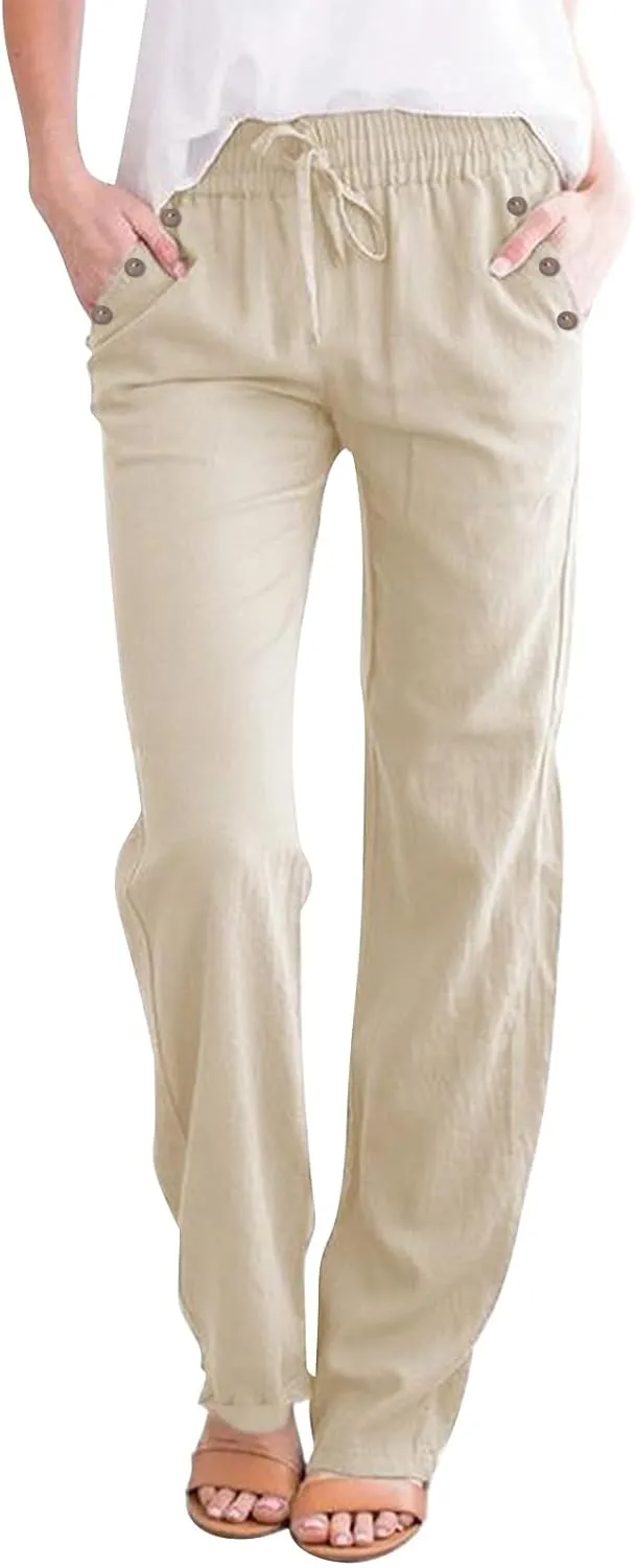 Womens Loose Straight Leg Linen Pants Lightweight Summer High Waist Trousers Drawstring Casual Work Sports Pant Plus
