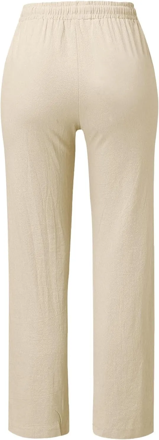Womens Loose Straight Leg Linen Pants Lightweight Summer High Waist Trousers Drawstring Casual Work Sports Pant Plus