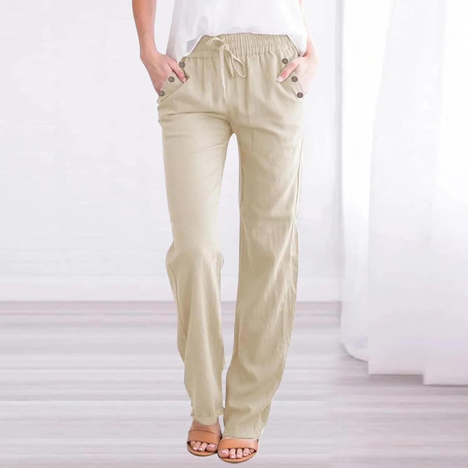 Womens Loose Straight Leg Linen Pants Lightweight Summer High Waist Trousers Drawstring Casual Work Sports Pant Plus