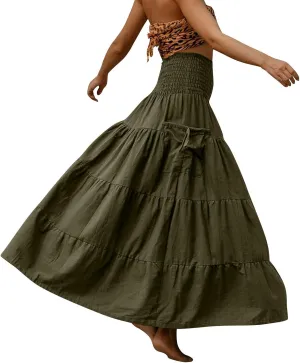 Women's Maxi Boho Skirt Long Pockets Hippie Bohemian Elastic Waist Gypsy Skirt Summer Flowy Pleated Tiered A Line Skirts