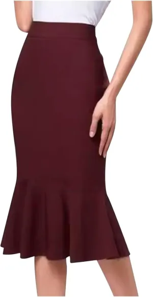Womens Mermaid Pencil Skirts Plus Size Stretch High Waist Ruffle Hem Bodycon Midi Skirts Business Office Work Skirts