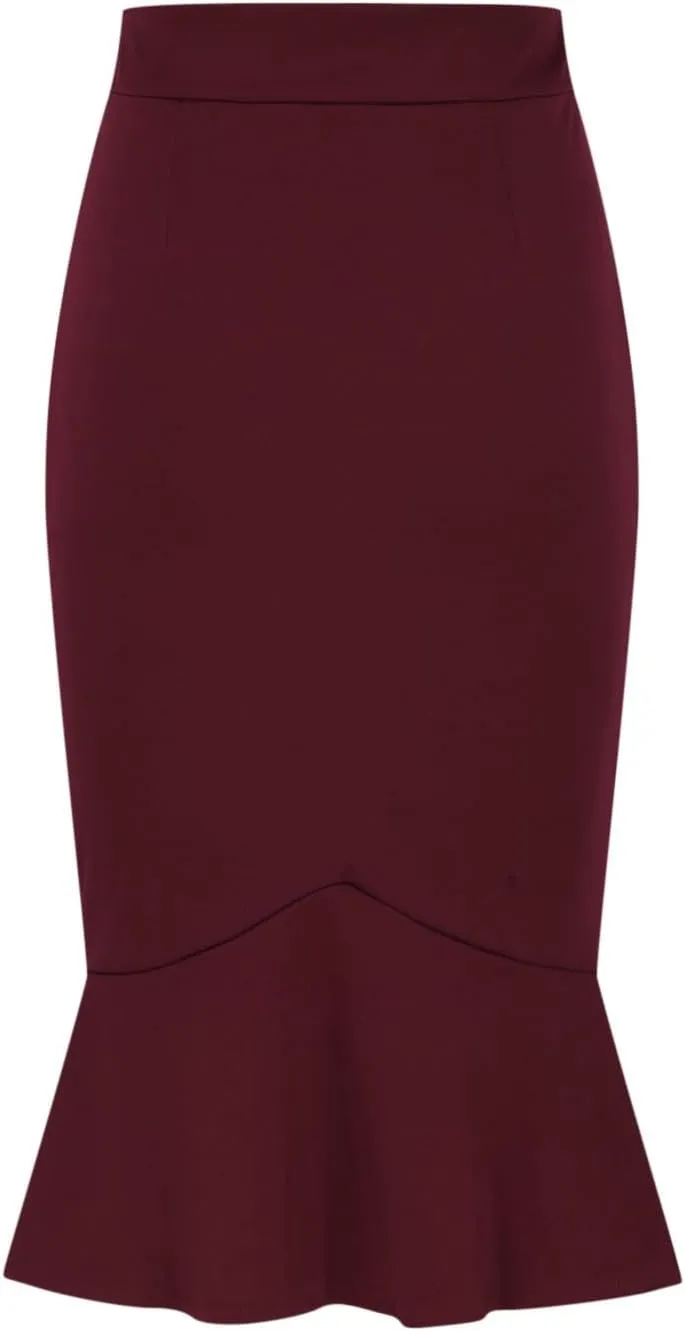 Womens Mermaid Pencil Skirts Plus Size Stretch High Waist Ruffle Hem Bodycon Midi Skirts Business Office Work Skirts