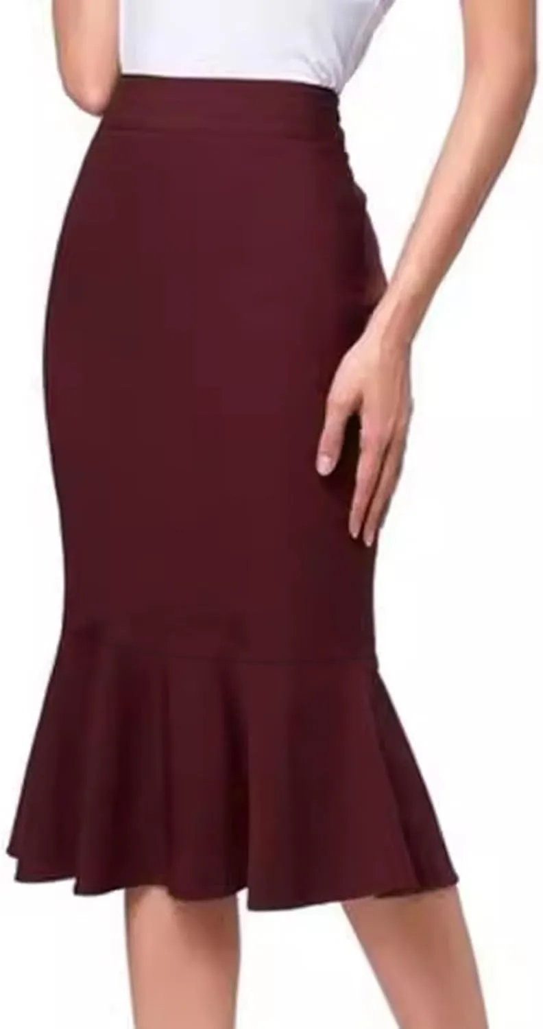 Womens Mermaid Pencil Skirts Plus Size Stretch High Waist Ruffle Hem Bodycon Midi Skirts Business Office Work Skirts