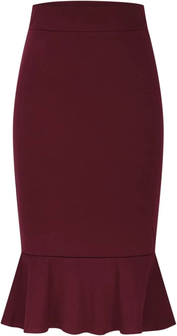 Womens Mermaid Pencil Skirts Plus Size Stretch High Waist Ruffle Hem Bodycon Midi Skirts Business Office Work Skirts
