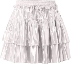 Womens Metallic Skirt Shiny Flared Pleated Skirt Layered Ruffle Hem Mini Skirt Christmas Rave Midi Skirts for Women 011