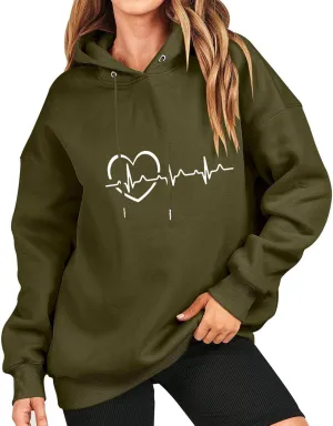 Women's Oversized Hoodies Fall Casual Long Sleeve Drawstring Blouse Tee Trendy Heart Print Solid Outdoor Comfy Pullover Tops