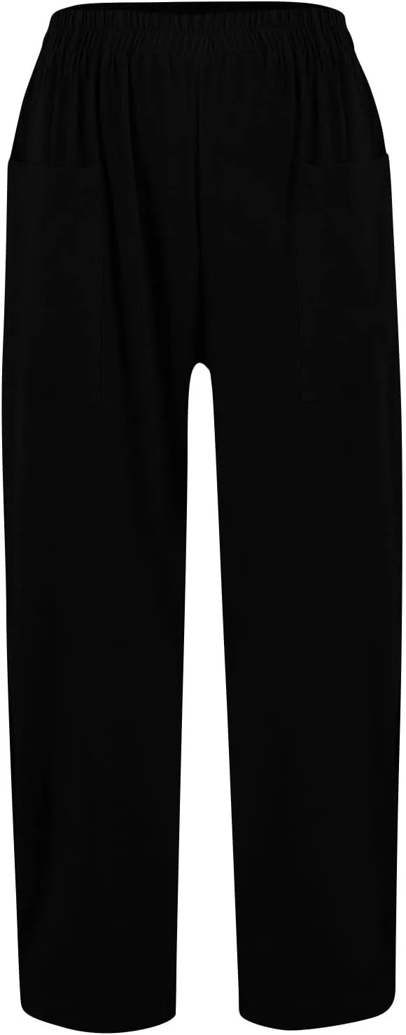 Womens Palazzo Pants Casual Beach Linen Pants High Waist Summer Casual Wide Leg Pant Loose Trouser with Pockets