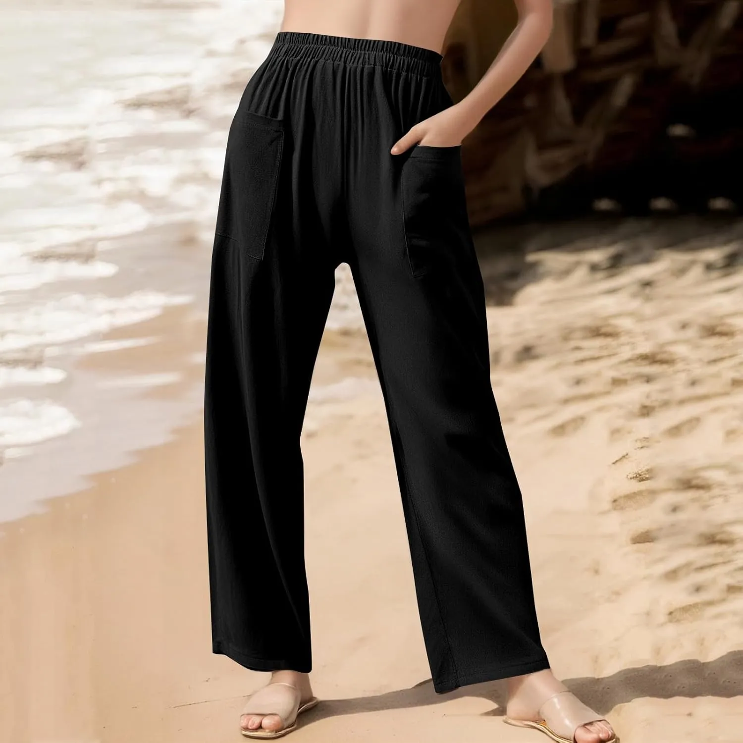 Womens Palazzo Pants Casual Beach Linen Pants High Waist Summer Casual Wide Leg Pant Loose Trouser with Pockets