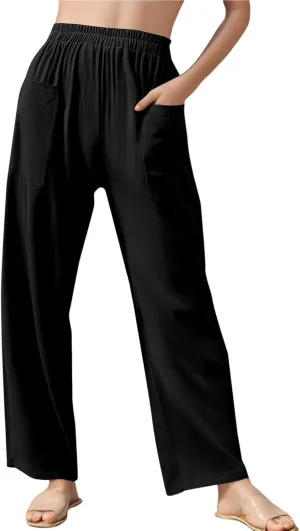 Womens Palazzo Pants Casual Beach Linen Pants High Waist Summer Casual Wide Leg Pant Loose Trouser with Pockets
