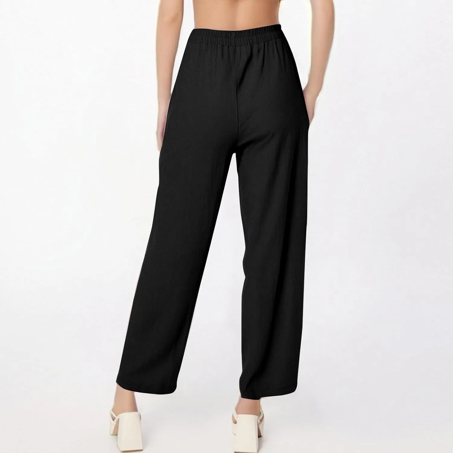Womens Palazzo Pants Casual Beach Linen Pants High Waist Summer Casual Wide Leg Pant Loose Trouser with Pockets