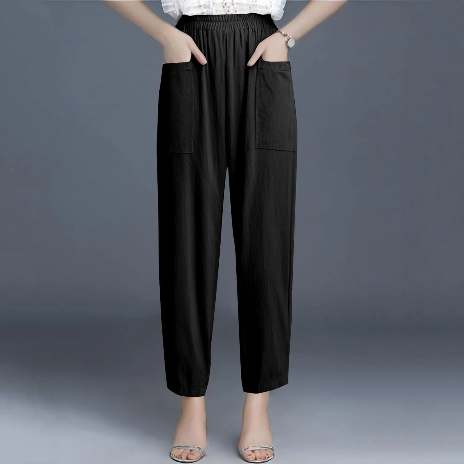 Womens Palazzo Pants Casual Beach Linen Pants High Waist Summer Casual Wide Leg Pant Loose Trouser with Pockets