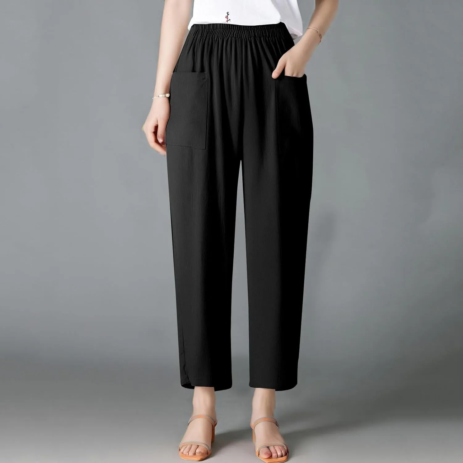 Womens Palazzo Pants Casual Beach Linen Pants High Waist Summer Casual Wide Leg Pant Loose Trouser with Pockets