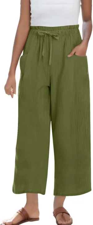 Womens Pants Ruffle Waist Cotton Linen Wide Leg Pants Drawstring Loose Fit Pant with Pocket Summer Beach Trousers