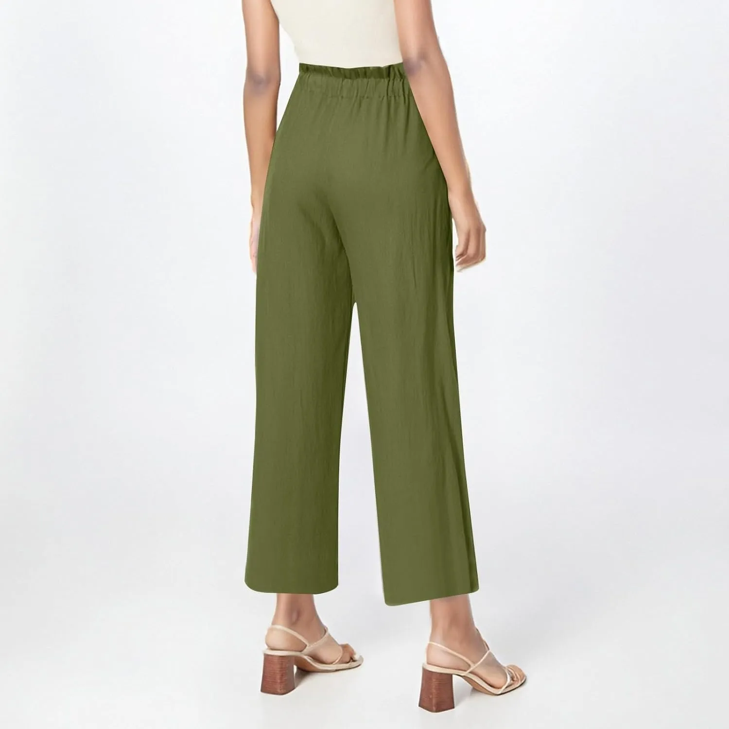 Womens Pants Ruffle Waist Cotton Linen Wide Leg Pants Drawstring Loose Fit Pant with Pocket Summer Beach Trousers
