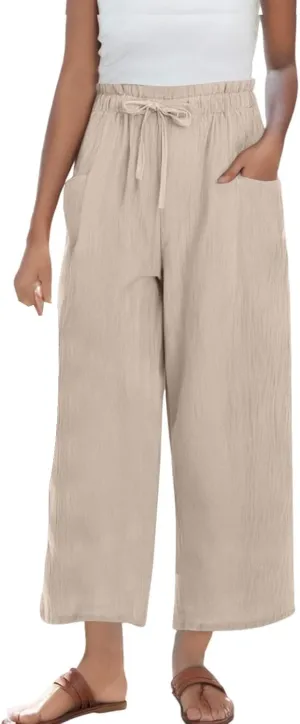 Womens Pants Ruffle Waist Cotton Linen Wide Leg Pants Drawstring Loose Fit Pant with Pocket Summer Beach Trousers