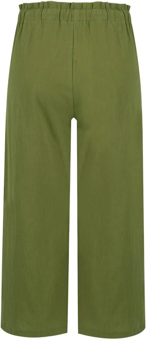Womens Pants Ruffle Waist Cotton Linen Wide Leg Pants Drawstring Loose Fit Pant with Pocket Summer Beach Trousers