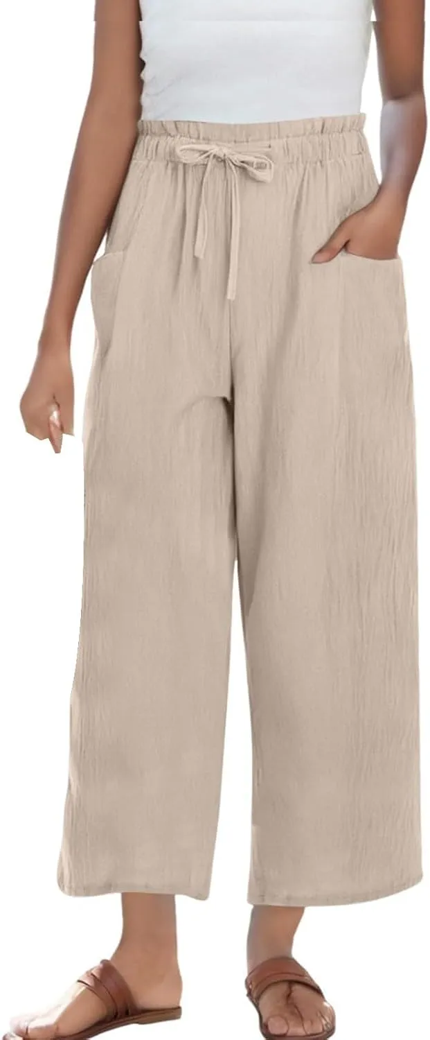 Womens Pants Ruffle Waist Cotton Linen Wide Leg Pants Drawstring Loose Fit Pant with Pocket Summer Beach Trousers