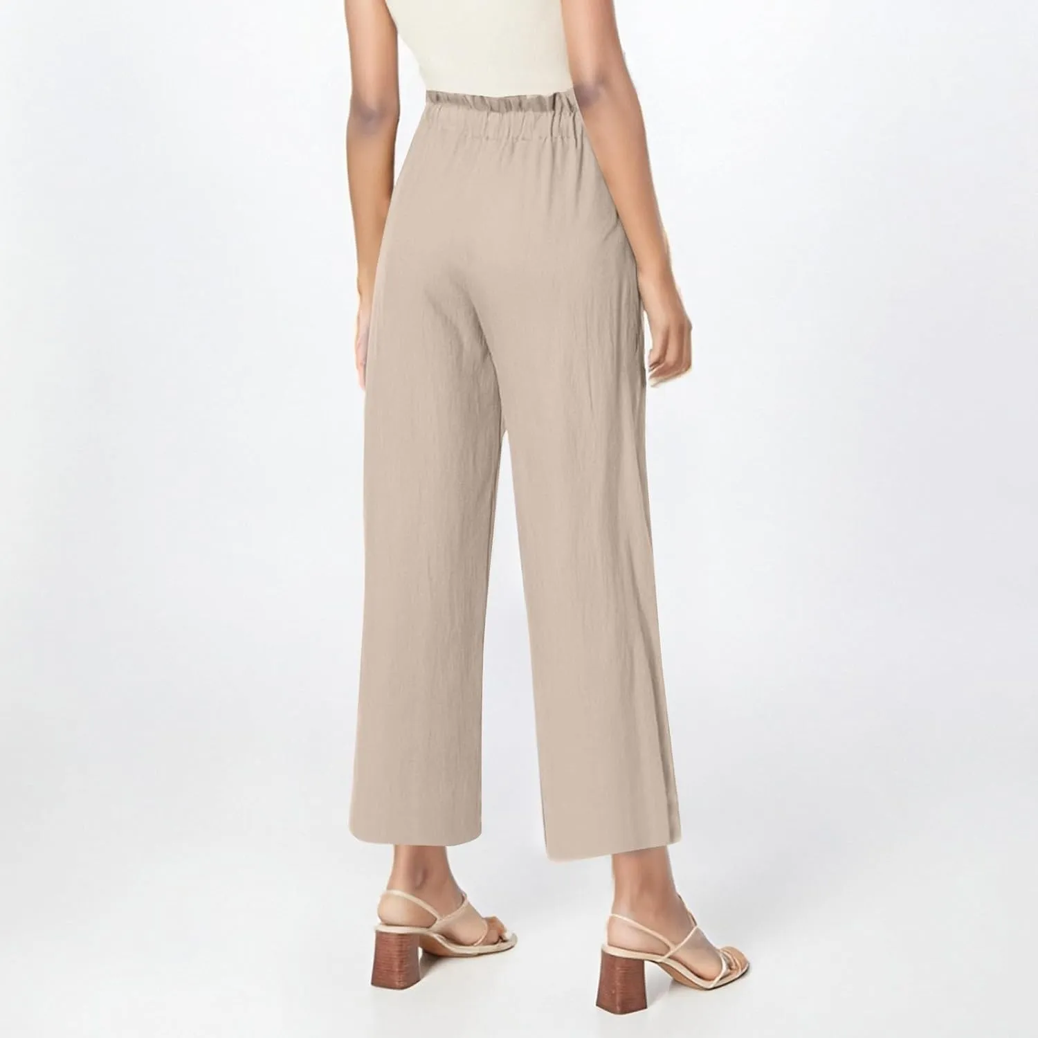 Womens Pants Ruffle Waist Cotton Linen Wide Leg Pants Drawstring Loose Fit Pant with Pocket Summer Beach Trousers