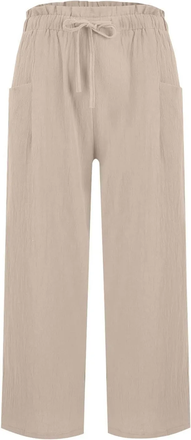 Womens Pants Ruffle Waist Cotton Linen Wide Leg Pants Drawstring Loose Fit Pant with Pocket Summer Beach Trousers