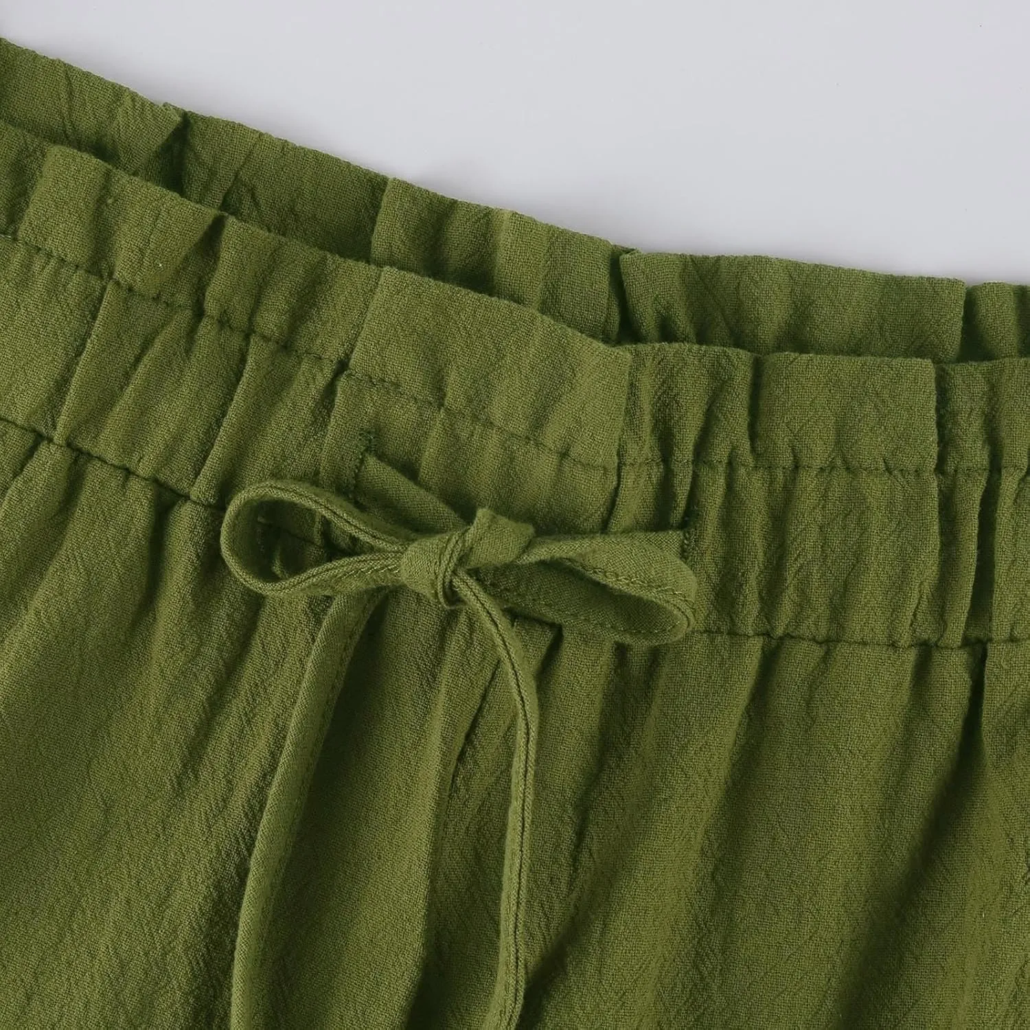 Womens Pants Ruffle Waist Cotton Linen Wide Leg Pants Drawstring Loose Fit Pant with Pocket Summer Beach Trousers