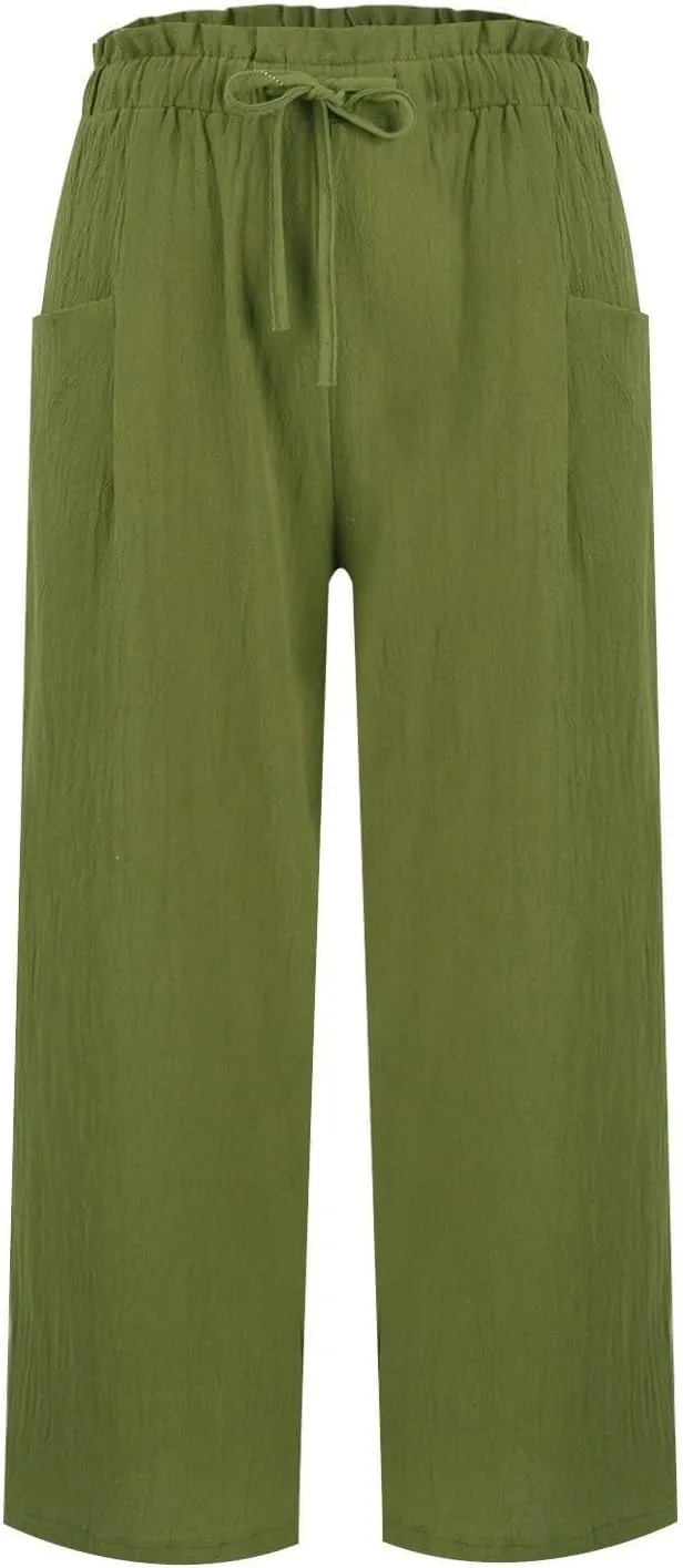 Womens Pants Ruffle Waist Cotton Linen Wide Leg Pants Drawstring Loose Fit Pant with Pocket Summer Beach Trousers
