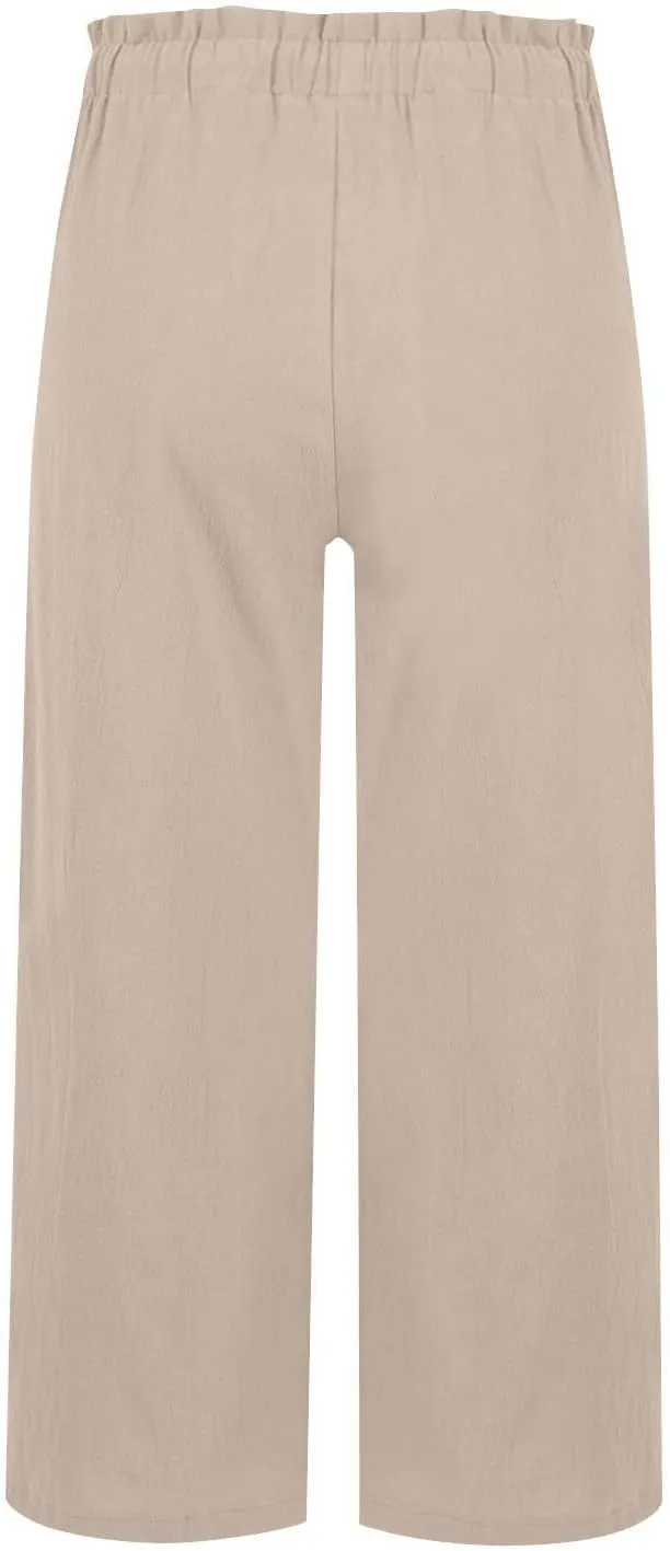 Womens Pants Ruffle Waist Cotton Linen Wide Leg Pants Drawstring Loose Fit Pant with Pocket Summer Beach Trousers