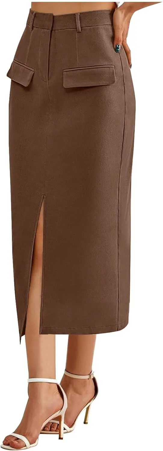 Women's Pencil Skirts Mid Long High Waist A line Midi Skirt Split Hem Skirts for Ladies Office Business Work Dress