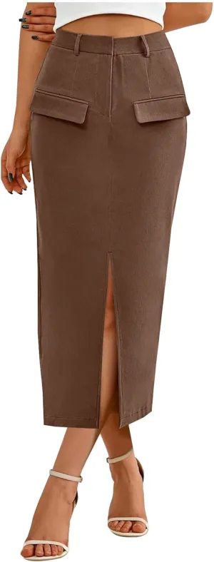 Women's Pencil Skirts Mid Long High Waist A line Midi Skirt Split Hem Skirts for Ladies Office Business Work Dress