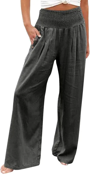 Womens Plaid Pants Women's Linen Summer Solid Color Palazzo Pants Flowy Wide Leg High Waist Comfy White Gauze