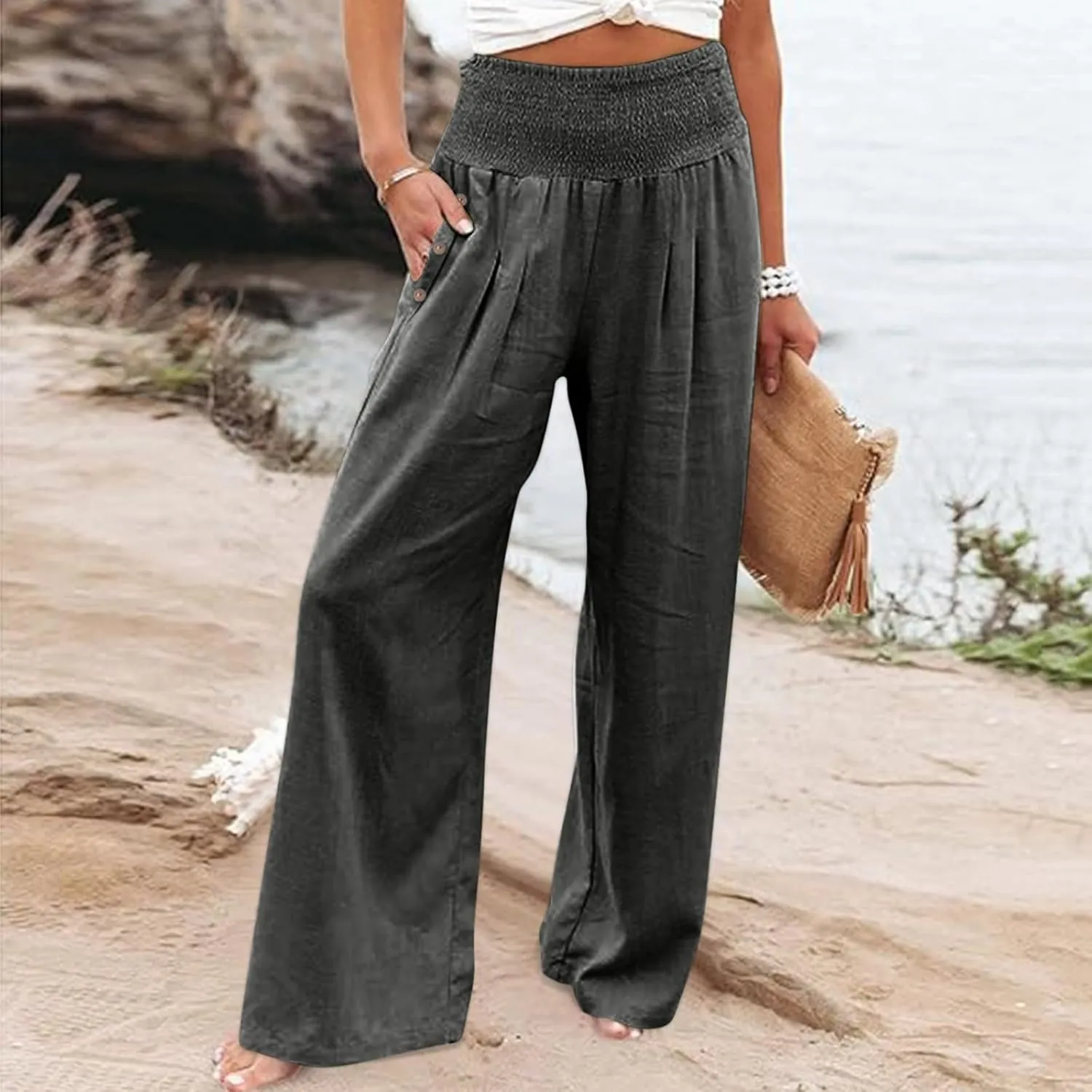 Womens Plaid Pants Women's Linen Summer Solid Color Palazzo Pants Flowy Wide Leg High Waist Comfy White Gauze