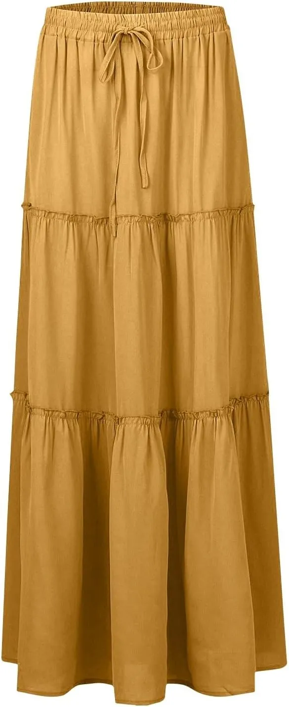 Women's Pleated Skirt Casual Loose Trendy Elastic High Waist Floral Print Boho Sun Beach Long Maxi Skirts, S-2XL