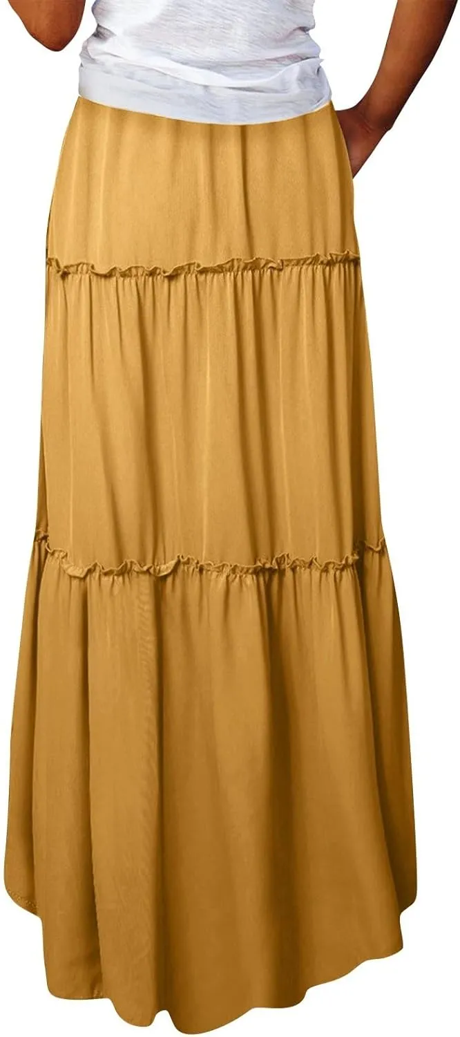 Women's Pleated Skirt Casual Loose Trendy Elastic High Waist Floral Print Boho Sun Beach Long Maxi Skirts, S-2XL