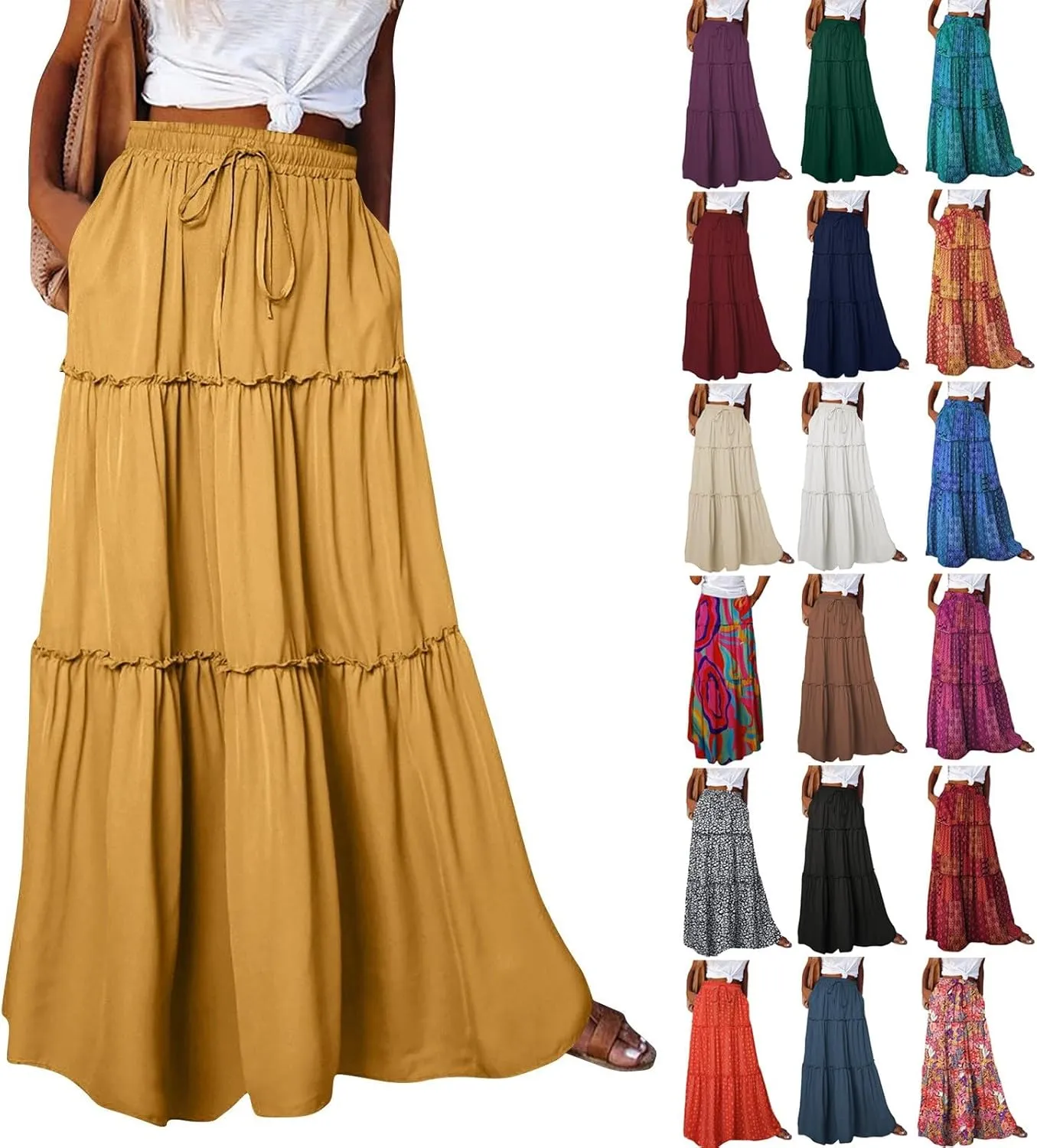 Women's Pleated Skirt Casual Loose Trendy Elastic High Waist Floral Print Boho Sun Beach Long Maxi Skirts, S-2XL
