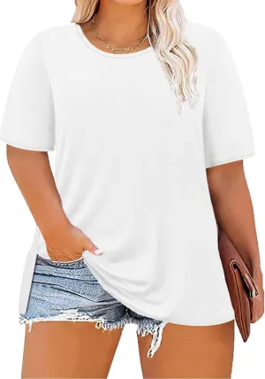Women's Plus Size Crewneck Tops Half Sleeve Summer T-Shirt Loose Fit Blouse Casual Tunic with Side Split XL- 5XL
