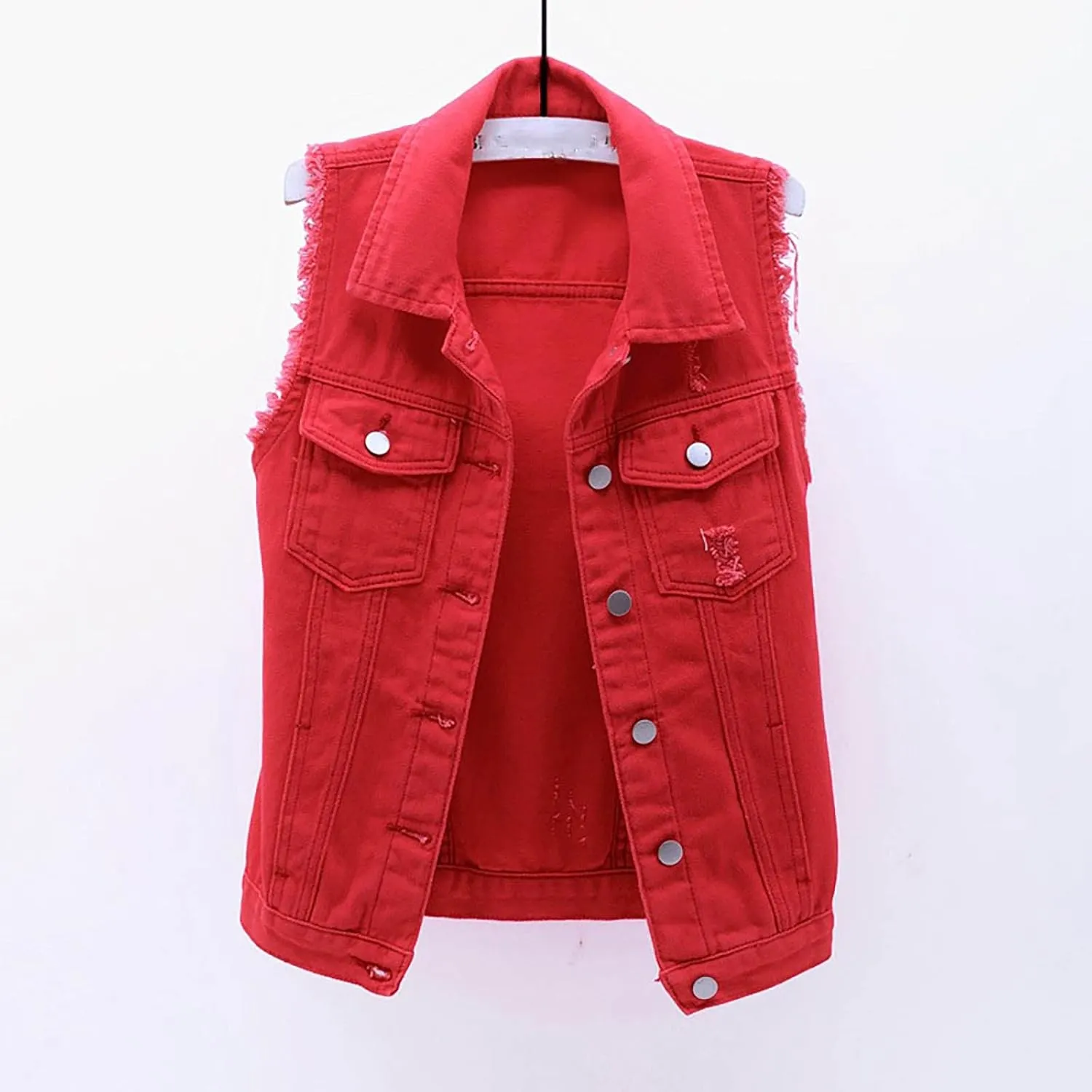 Women's Plus Size Denim Vest with Two Chest Flap Pockets Sleeveless Jackets Frayed Hem Cargo Trucker Jean Vest