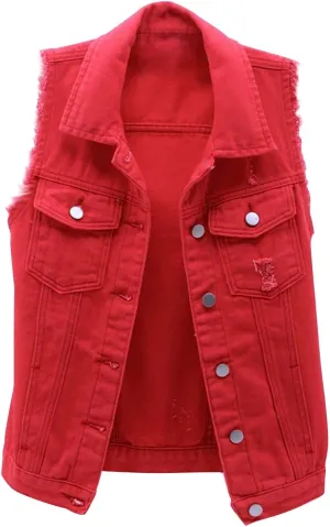 Women's Plus Size Denim Vest with Two Chest Flap Pockets Sleeveless Jackets Frayed Hem Cargo Trucker Jean Vest