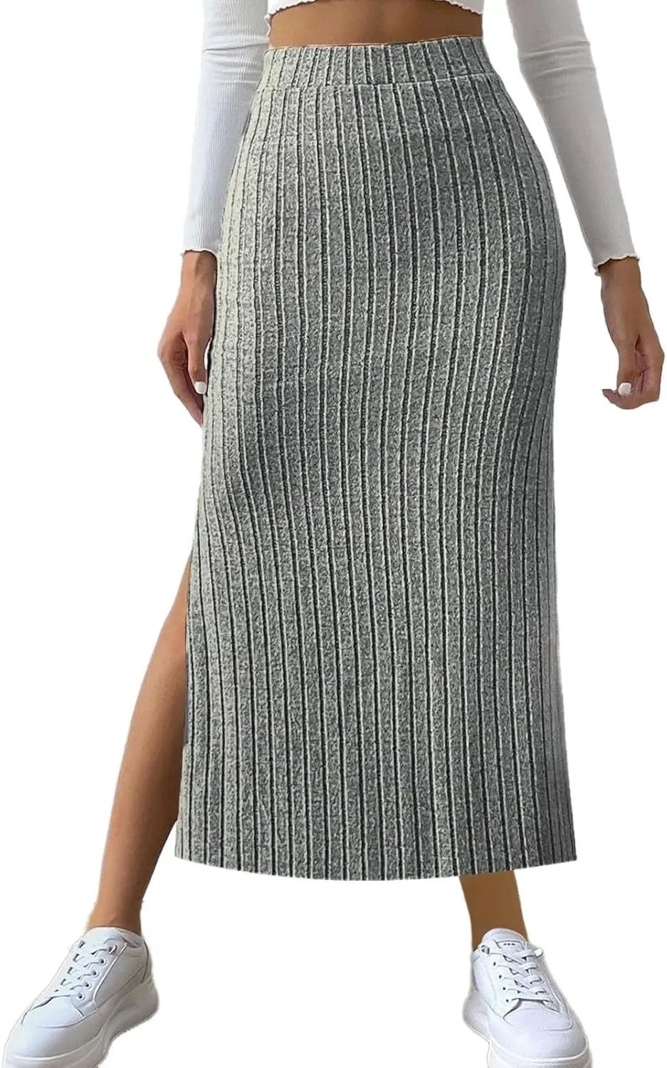 Women's Plus Size High Waisted Midi Skirt Solid Elastic Waistband Side Slit A Line Casual Knit Skirts for Women