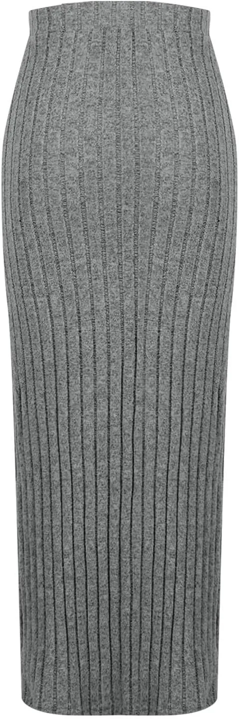 Women's Plus Size High Waisted Midi Skirt Solid Elastic Waistband Side Slit A Line Casual Knit Skirts for Women